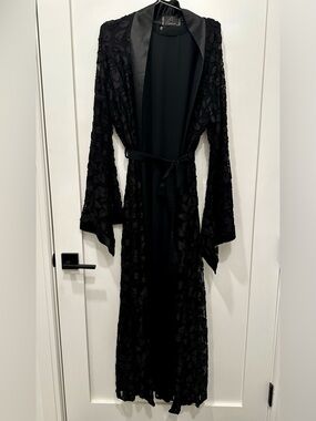 Black Floral Lace Long Abaya with Satin Trim and Waist Tie